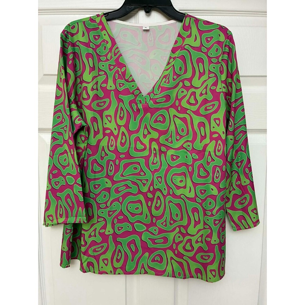 Women's XL Green Pink Abstract Tunic Top Long Sleeve V Neck Mod Print